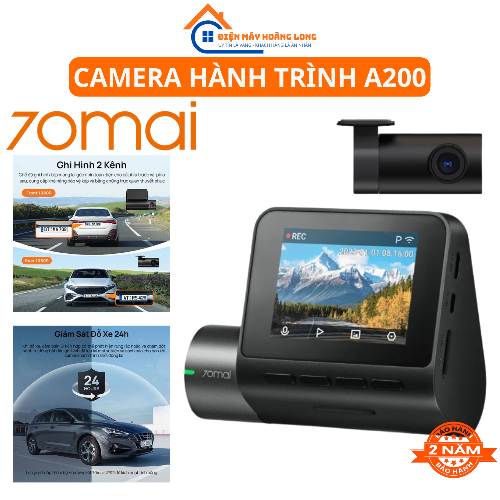 Camera Hành Trình Trước Sau 70mai A200 Quốc Tế, FullHD 1080, Góc Quay 130 Độ, Quay Đêm Siêu Sáng Nét