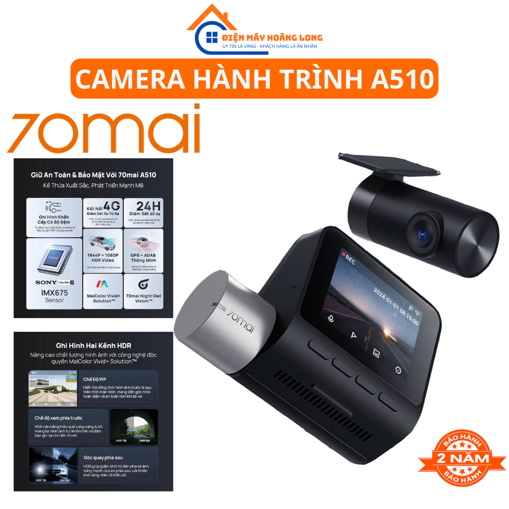 Camera Hành Trình 70mai A510 4G Độ Phân Giải 3K HDR Sắc Nét Ghi Hình Đồng Thời 2 Mắt Trước + Sau