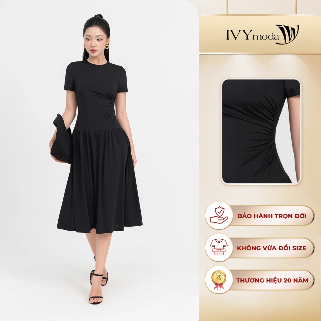 Đầm thun ôm tạo kiểu, Đầm nữ cổ tròn xếp ly hiện đại IVY moda MS 42T0237 | BigBuy360 - bigbuy360.vn
