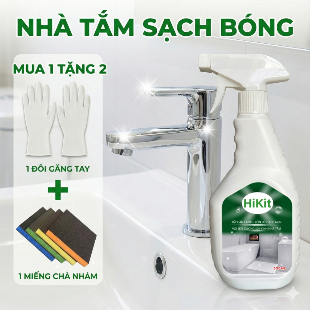 Tẩy cặn canxi, tẩy kính, vòi sen, bồn sứ, chậu tắm, gạch men, gương soi Hikit 500 g [Mua 1 tặng 2]