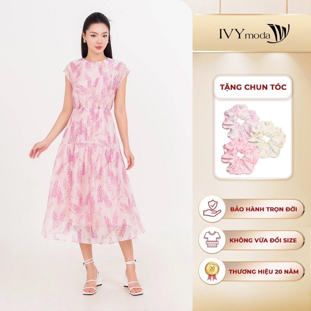 Đầm voan hoa dáng Midi thiết kế bo eo, Đầm dạo phố đi biển nữ IVY moda MS 48T0250 | BigBuy360 - bigbuy360.vn