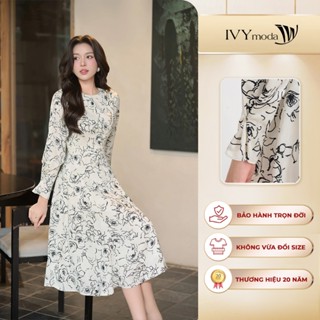  Đầm lụa tay dài họa tiết cổ tròn Đầm dáng midi công sở dạo phố nữ IVY moda MS 48T0286 