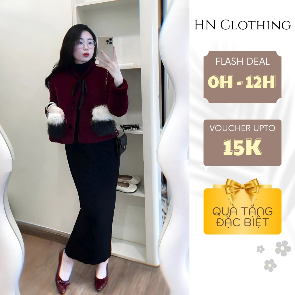 Áo khoác dạ phối lông sang chảnh form suông chuẩn dáng tiểu thư giữ ấm cực tốt HN Clothing A16