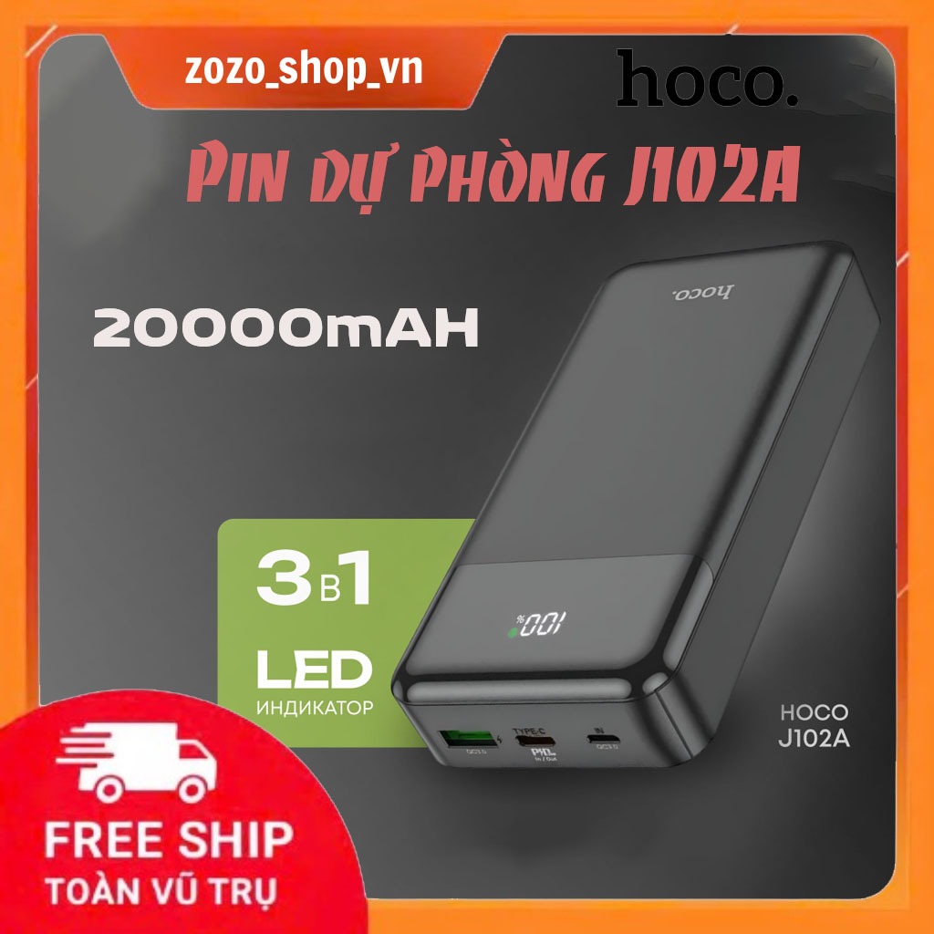 Pin Sạc Dự Phòng Hoco J102/J102A 10000mAh/20000mAh – Sạc Nhanh 20W, Type-C 2 Chiều, Màn Hình LED