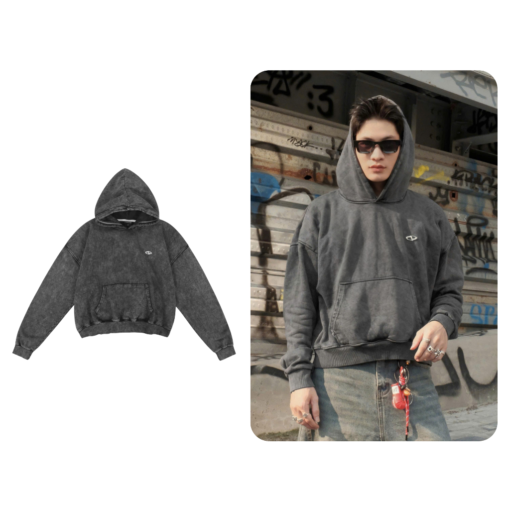 Áo Hoodie Wash Boxy Acid ODIN CLUB, Áo dài tay có mũ form boxy tôn dáng, chất liệu nỉ bông mềm mịn, 