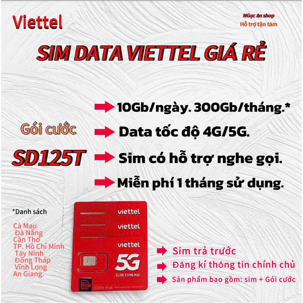 SIM 5G VIETTEL   SD125T  . [ 10GB/NGÀY ] .  [ 300GB/THÁNG ]. [ 1 tháng sử dụng ].