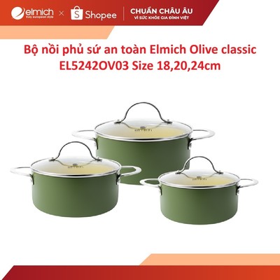 Bộ nồi phủ sứ an toàn Elmich Olive classic EL5242OV03 Size 18,20,24cm