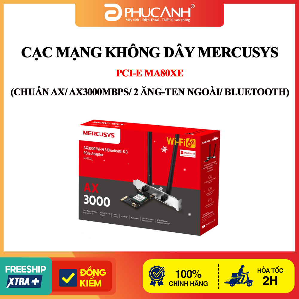 Cạc mạng không dây Mercusys PCI-E MA80XE (Chuẩn AX/ AX3000Mbps/ 2 Ăng-ten ngoài/ Bluetooth)