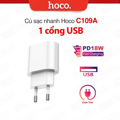 Củ sạc nhanh PD18W Hoco C109A 1 cổng USB ,chất liệu PC cao cấp, chân tròn, tương thích nhiều thiết bị