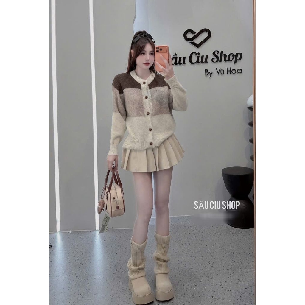 ÁO KHOÁC LEN NỮ KẺ SỌC TAY DÀI 3 MÀU XÁM - NÂU - KEM