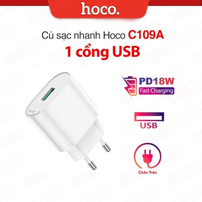 Củ sạc nhanh PD18W Hoco C109A QC3.0 chân tròn EU 1 cổng USB chất liệu PC cao cấp