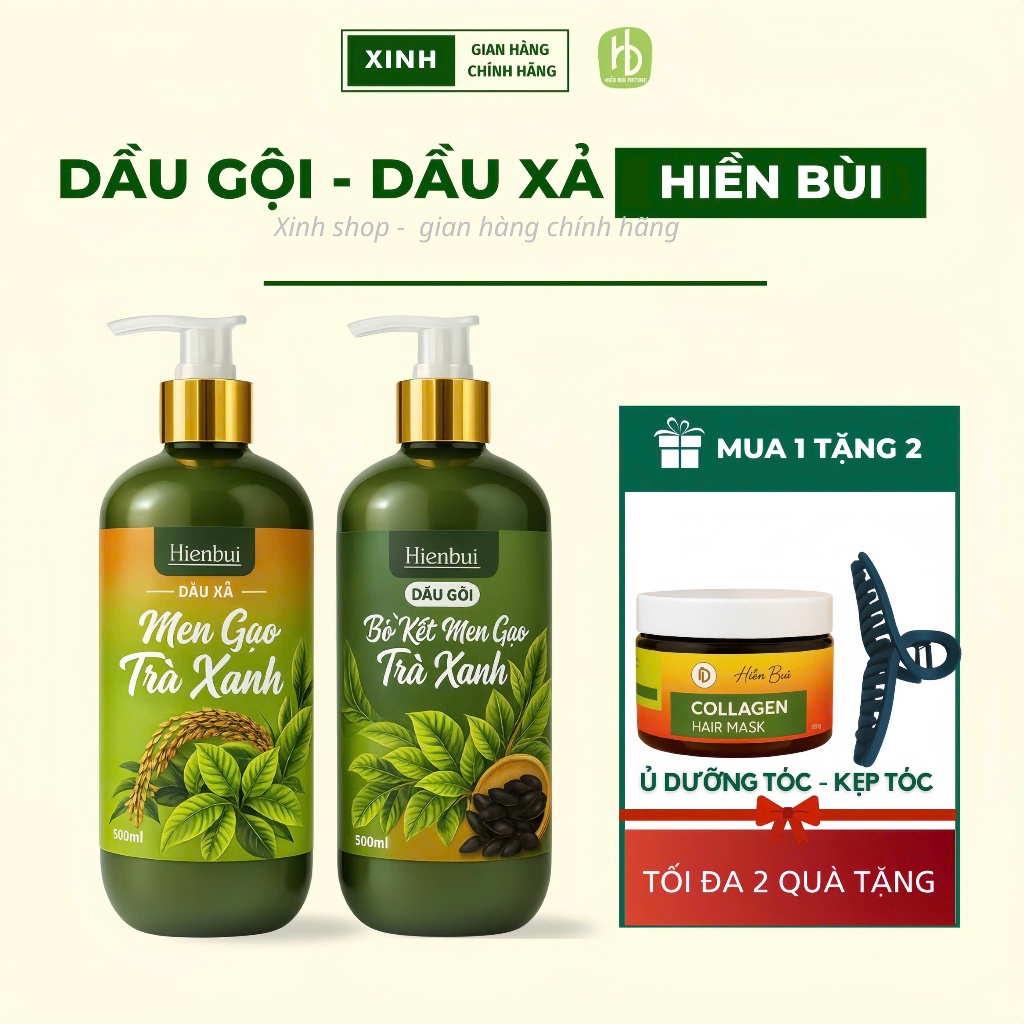 Dầu Gội & Xả Hiền Bùi Bồ Kết Men Gạo Trà Xanh 500ml ( Tặng Kem Ủ Tóc, Kẹp Tóc)