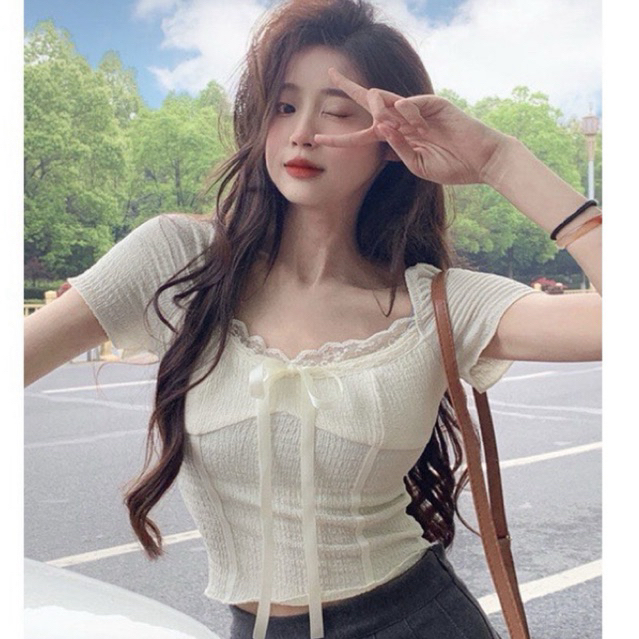 ÁO KIỂU PHỐI REN CỘT NƠ CHẤT THUN SÓNG CO GIẢN SIÊU SANG XỊN H8888