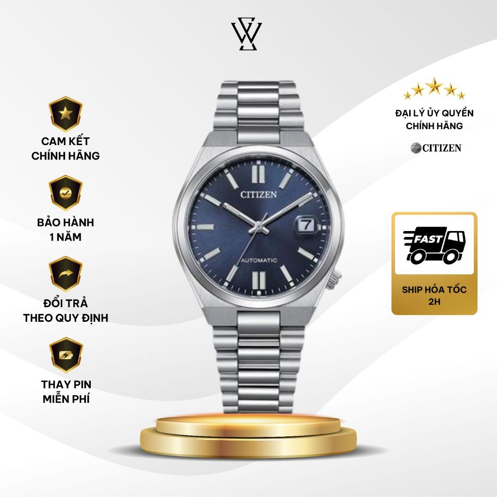 Đồng Hồ Citizen 37mm Nam NJ0200-50M Mặt Xanh Dây Kim Loại Không Gỉ Mặt Kính Sapphire Kháng Nước Chín