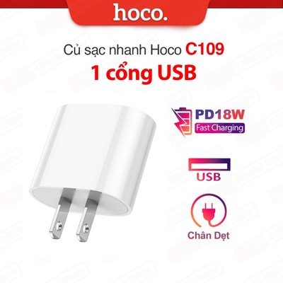 Củ sạc nhanh PD18W Hoco C109 1 cổng USB chất liệu PC cao cấp , chân dẹt, tương thích nhiều thiết bị