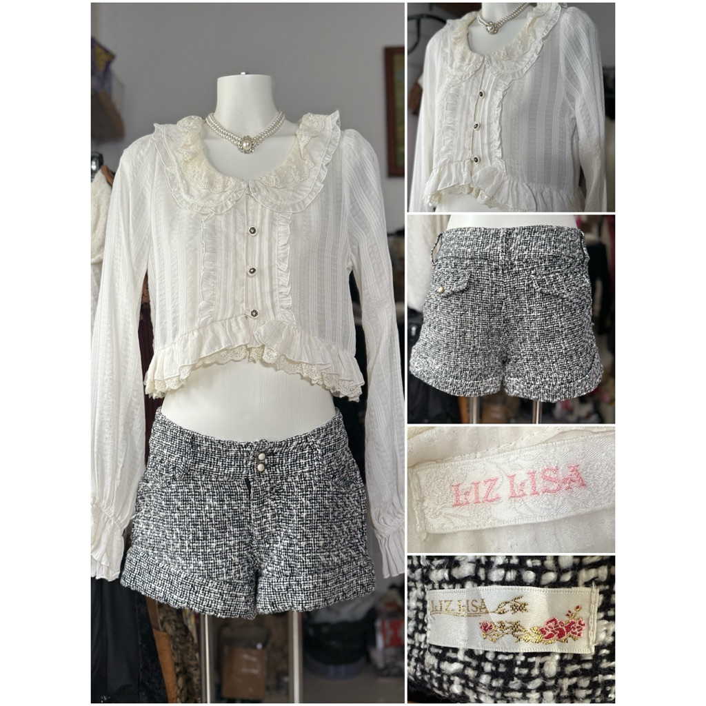 [2hand_thrift] Set tách Liz Lisa: áo sơ mi voan phối ren M, quần đùi dạ M‼️mất 1 cúc sau
