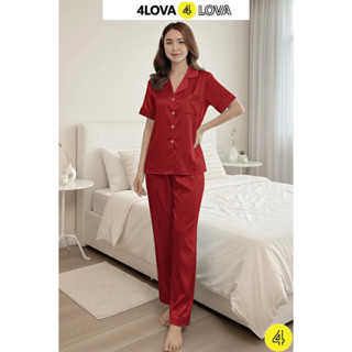  Bộ Pyjama Bộ Mặc Nhà Nữ 4LOVA Bộ Ngủ Cộc Tay Quần Dài Chất Lụa Xước Mềm Mại QT Dây Buộc Tóc 