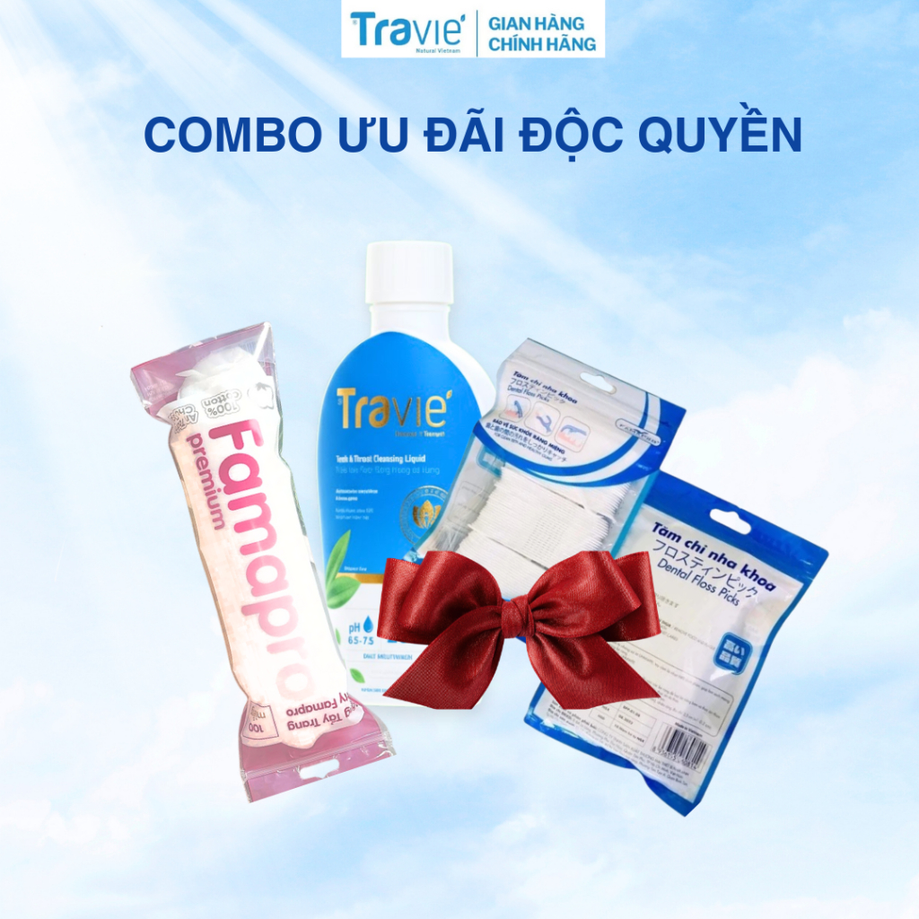 COMBO 3 Nước Súc Miệng TRAVIE + Bông Tẩy Trang  + Tăm Chỉ Nha Khoa FAMAPRO (Tiết Kiệm)