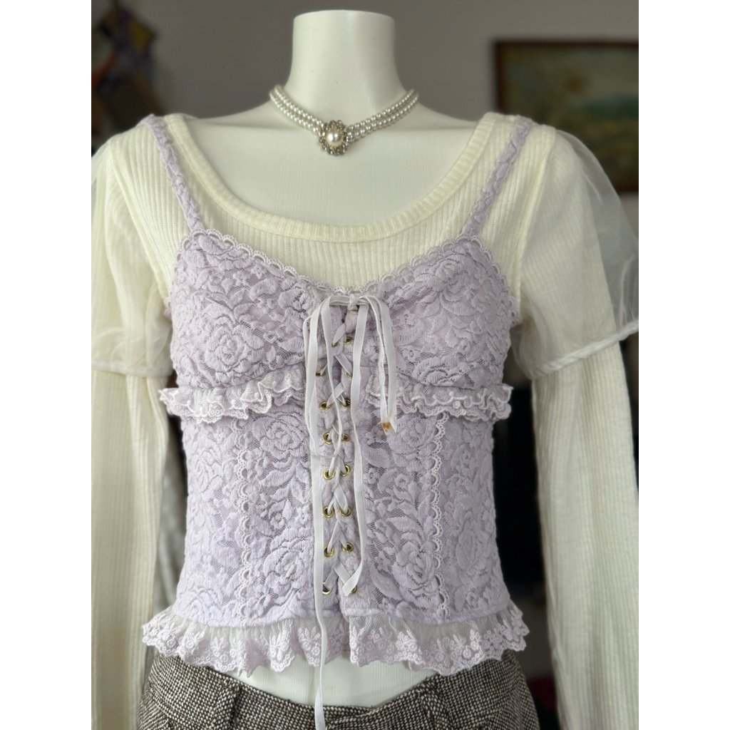 [2hand_thrift] Áo thun gân phối ren dáng corset Liz Lisa M‼️lỗi ố Ngực 70-84 dài 44