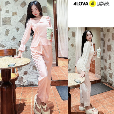 Bộ Đồ Mặc Nhà 4LOVA Lụa Latin Cao Cấp Thiết Kế Áo Dài Tay Quần Dài Kèm QT Dây Buộc Tóc