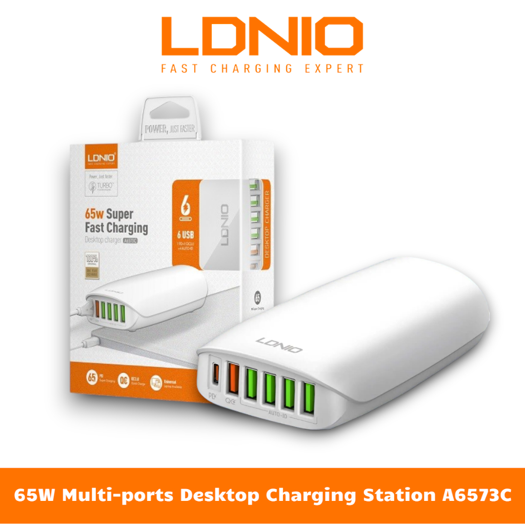 Bộ Sạc Đa Năng 65W Với 5 Cổng USB + 1 Cổng Type-C LDNIO A6573C - Phù Hợp Sạc Cho Laptop, Điện Thoại