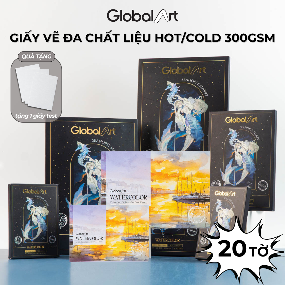 Combo 20 Tờ Giấy Vẽ Màu Nước Hot Pressed Global Art 300gsm A4/A5/A6 Giấy Tô Màu Cao Cấp Gouache Acrylic Water Color
