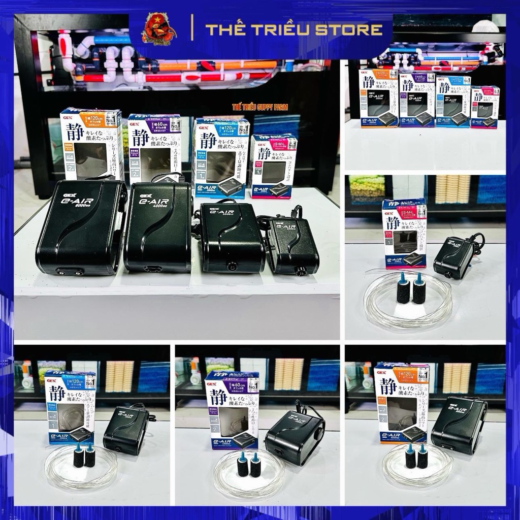 Máy sủi khí Oxy Gex E-AIR. Siêu Êm CAO CẤP 1 vòi, 2 vòi cho hồ cá ( GEX-1000SB - 6000WB )