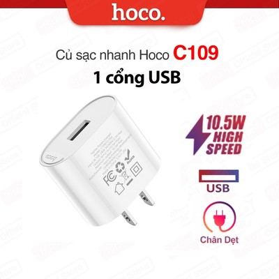 Củ sạc nhanh 1 cổng USB PD10.5W Hoco C109 thích hợp nhiều thiết bị, chất liệu PC cao cấp, chân dẹt