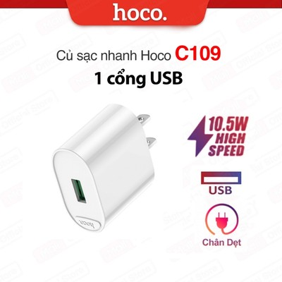 Củ sạc nhanh PD10.5W 1 cổng USB Hoco C109 thích hợp nhiều dòng điện thoại chất liệu PC cao cấp, chân dẹt