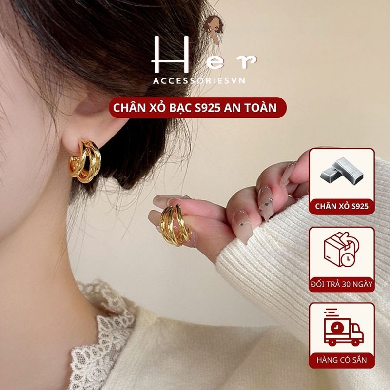 Bông tai nữ tròn vuông mạ vàng chuôi 925 Her Accessories, khuyên tai layer phụ kiện trang sức cổ điển sang trọng H1