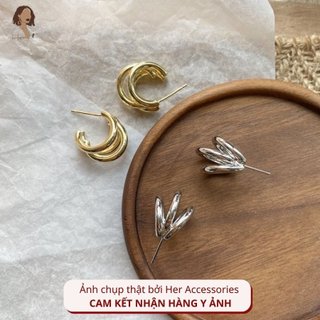 Bông tai nữ tròn vuông mạ vàng chuôi 925 Her Accessories, khuyên tai layer phụ kiện trang sức cổ điển sang trọng H1