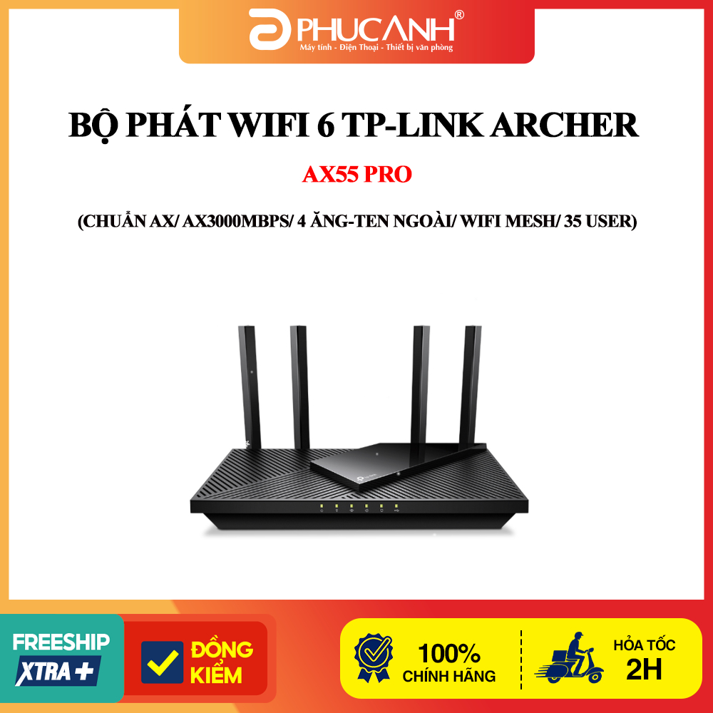 Bộ phát wifi 6 TP-Link Archer AX55 Pro (Chuẩn AX/ AX3000Mbps/ 4 Ăng-ten ngoài/ Wifi Mesh/ 35 User)