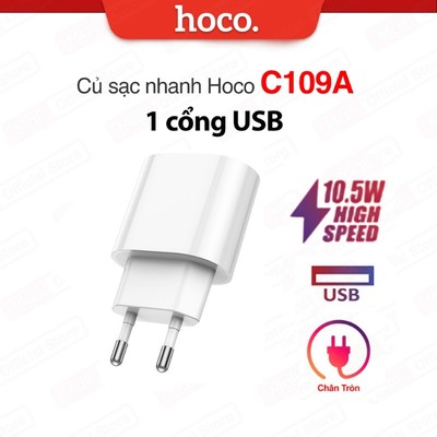 Củ sạc nhanh 1 cổng USB PD10.5W Hoco C109A thích hợp nhiều thiết bị, chất liệu PC cao cấp, chân tròn