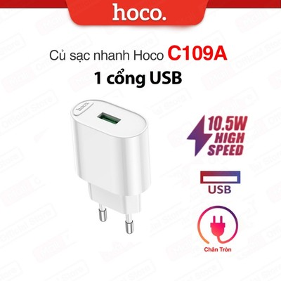 Củ sạc nhanh 1 cổng USB PD10.5W Hoco C109A chân tròn , thích hợp nhiều thiết bị, chất liệu PC cao cấp