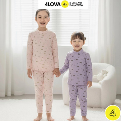Bộ quần áo giữ nhiệt 4LOVA cho bé gái nỉ lông cừu dày dặn họa tiết hình tim nơ QT dây buộc tóc