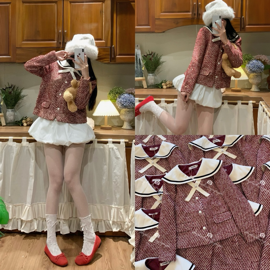 | Hta.boutique | Áo khoác dạ tweed dáng lửng nữ cổ thủy thủ  – áo dạ tweed đỏ đai cổ đính đá tiểu th