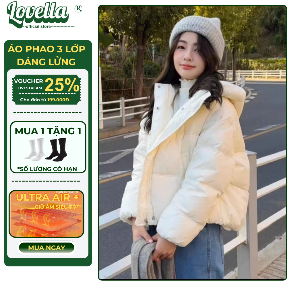 Áo Khoác Phao Béo Nữ Lovella Dáng Lửng Chần Bông 3 Lớp Ultra Air + Giữ Ấm Chắn Gió Tốt