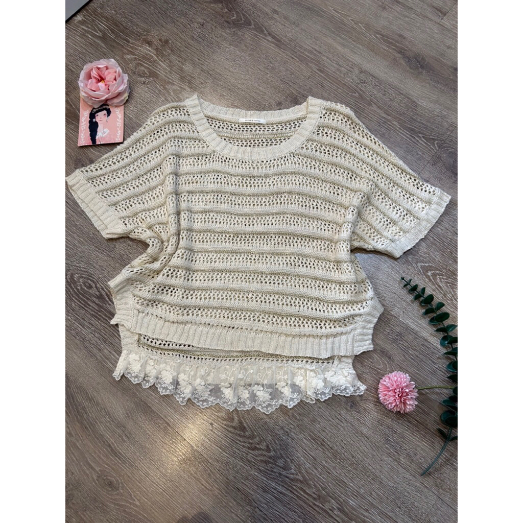 [Siêu Phẩm Nhật Axes] Áo len móc mori vintage hiệu Axes femme phối ren và dây kim tuyến bling bling 