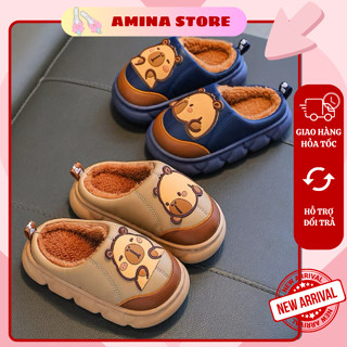  Sục Bông Trẻ Em Capybara Chất Liệu Da Pu Chống Nước  Lót Lông Dày Dặn  Ấm Áp Đế cao Su Cao 2,5 cm Êm Chân Chống Trượt 