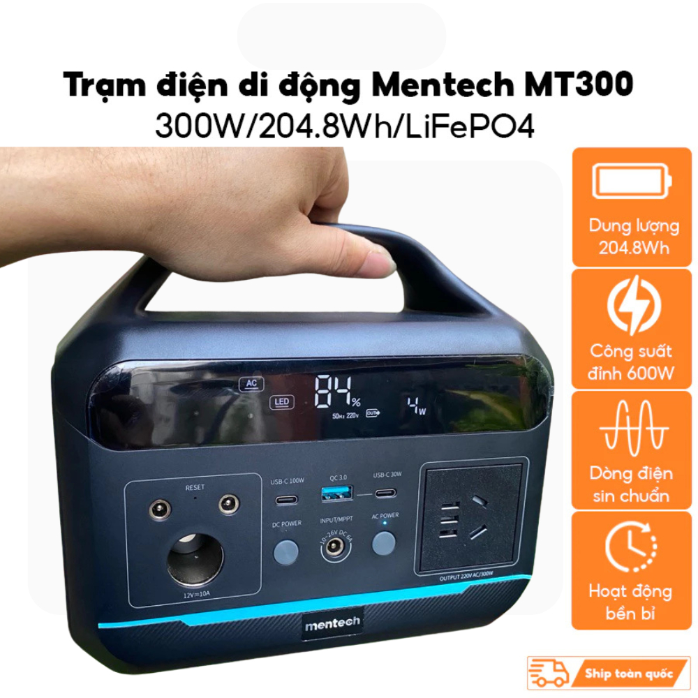 Trạm Điện 220V Di Động Camping MENTECH 300W MT300 dung lượng 204.8Wh, 2 cổng C 100W & 30W, sạc 220v