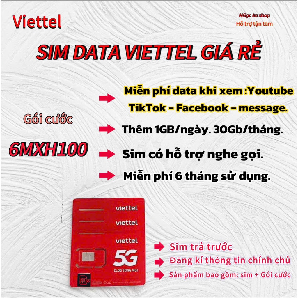 SIM 5G VIETTEL  6MXH100  [ Miễn phí xem MXH ]. [ chuyên gắn màn hình xe hơi ]. [ 6 tháng sử dụng ]