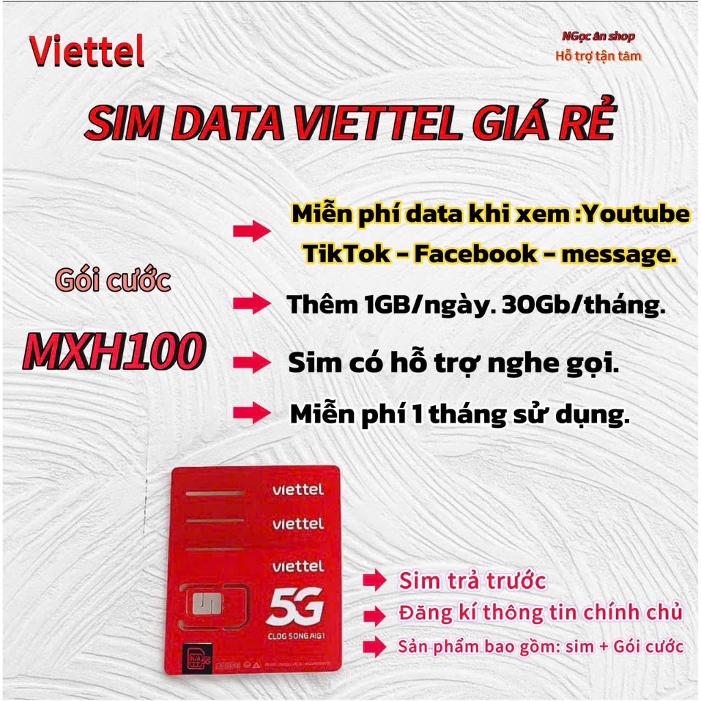 SIM 5G VIETTEL  MXH100  . [ Miễn phí xem MXH ]. [ chuyên gắn màn hình xe hơi ]. [ 1 tháng sử dụng ]