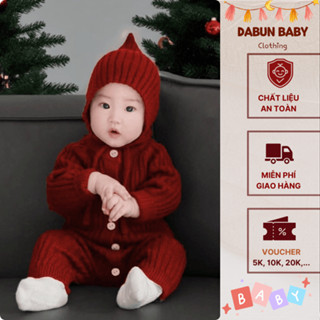   Sẵn Kèm Mũ  Body Len Trơn Đỏ Đô Dày Dặn Phối Mũ Tam Giác Ấm Áp Cho Bé Từ 4-10kg Phong Cách hàn Quốc 