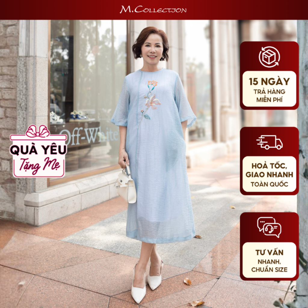 M COLLECTION | Đầm Nữ Trung Niên Tặng Mẹ Phom Suông Tơ Xốp Mềm Nhẹ Mặc Thoáng Mát Thêu Hoa - D12206