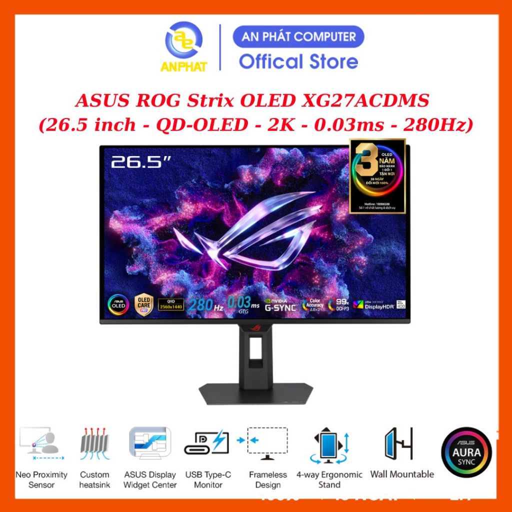 [BH 36 Tháng] Màn Hình Gaming ASUS ROG Strix OLED XG27ACDMS (26.5 inch - QD-OLED - 2K - 0.03ms - 280