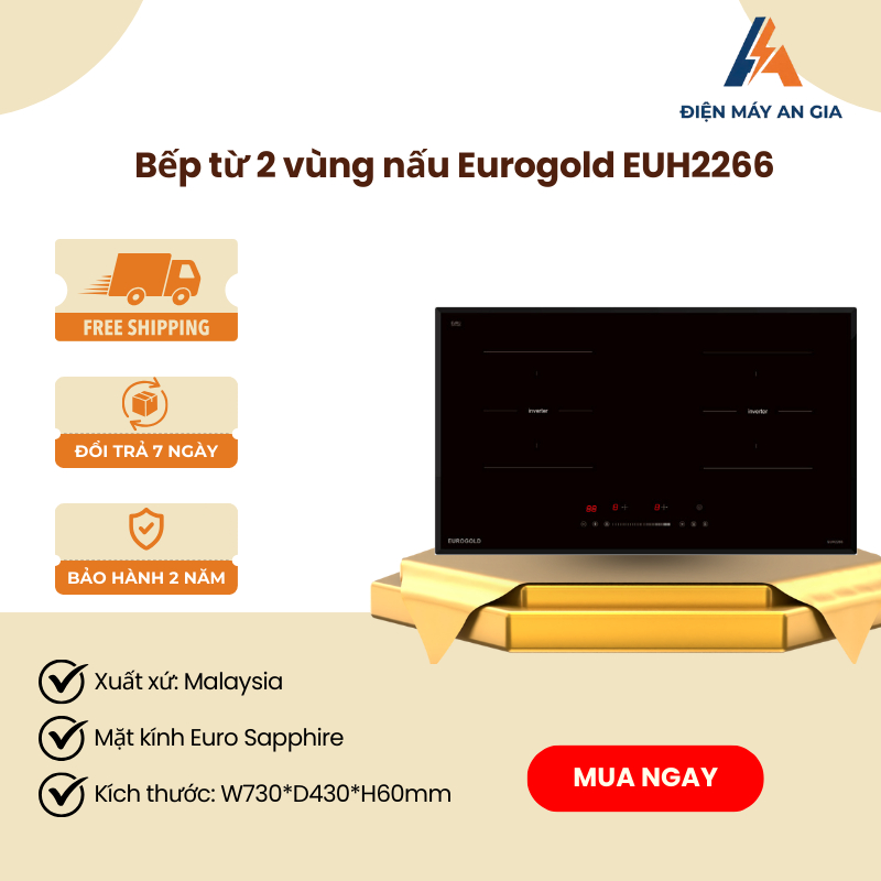 Bếp Điện Từ 2 Vùng Nấu Eurogold EUH2266 – Mặt Kính Euro Sapphire Vát 4 Cạnh, 9 Cấp Độ Nhiệt – PEB