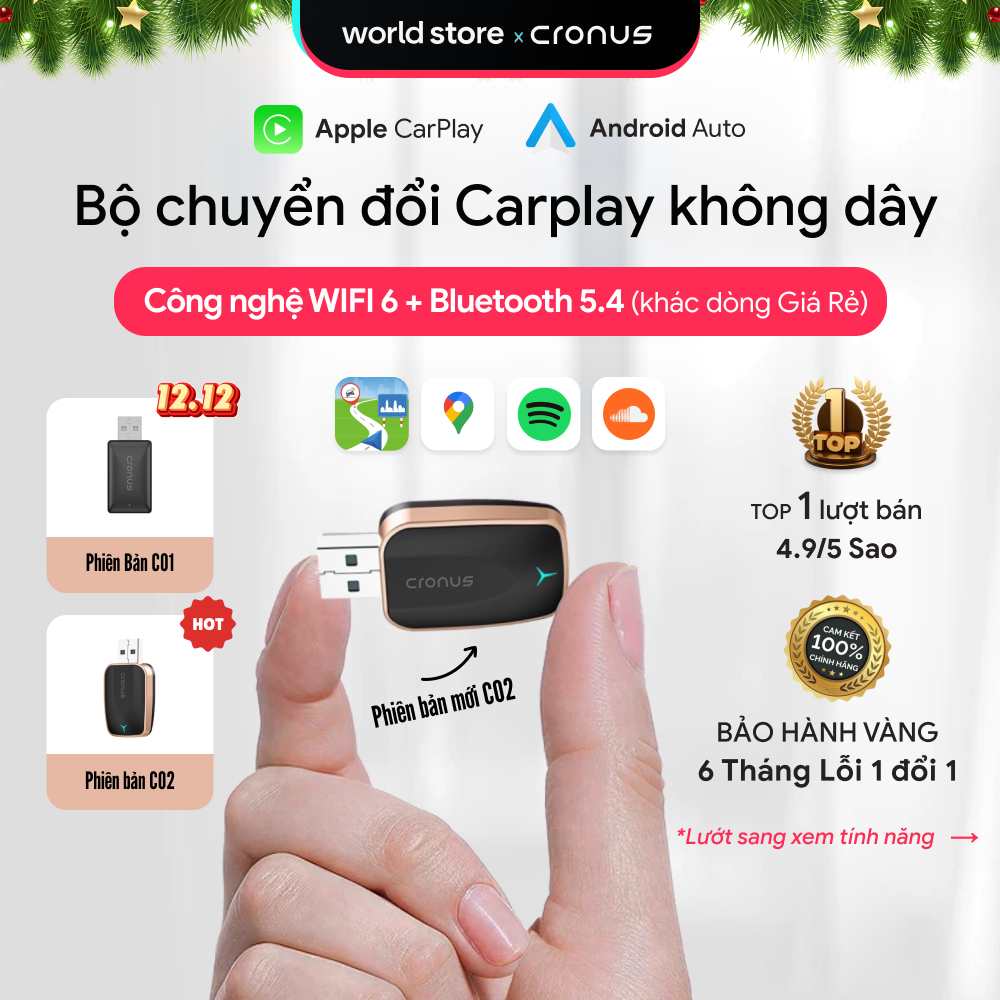 Bộ kết nối Carplay không dây Cronus, Apple Carplay & Android Auto, WIFI6+Bluetooth 5.4,BH ở Việt Nam
