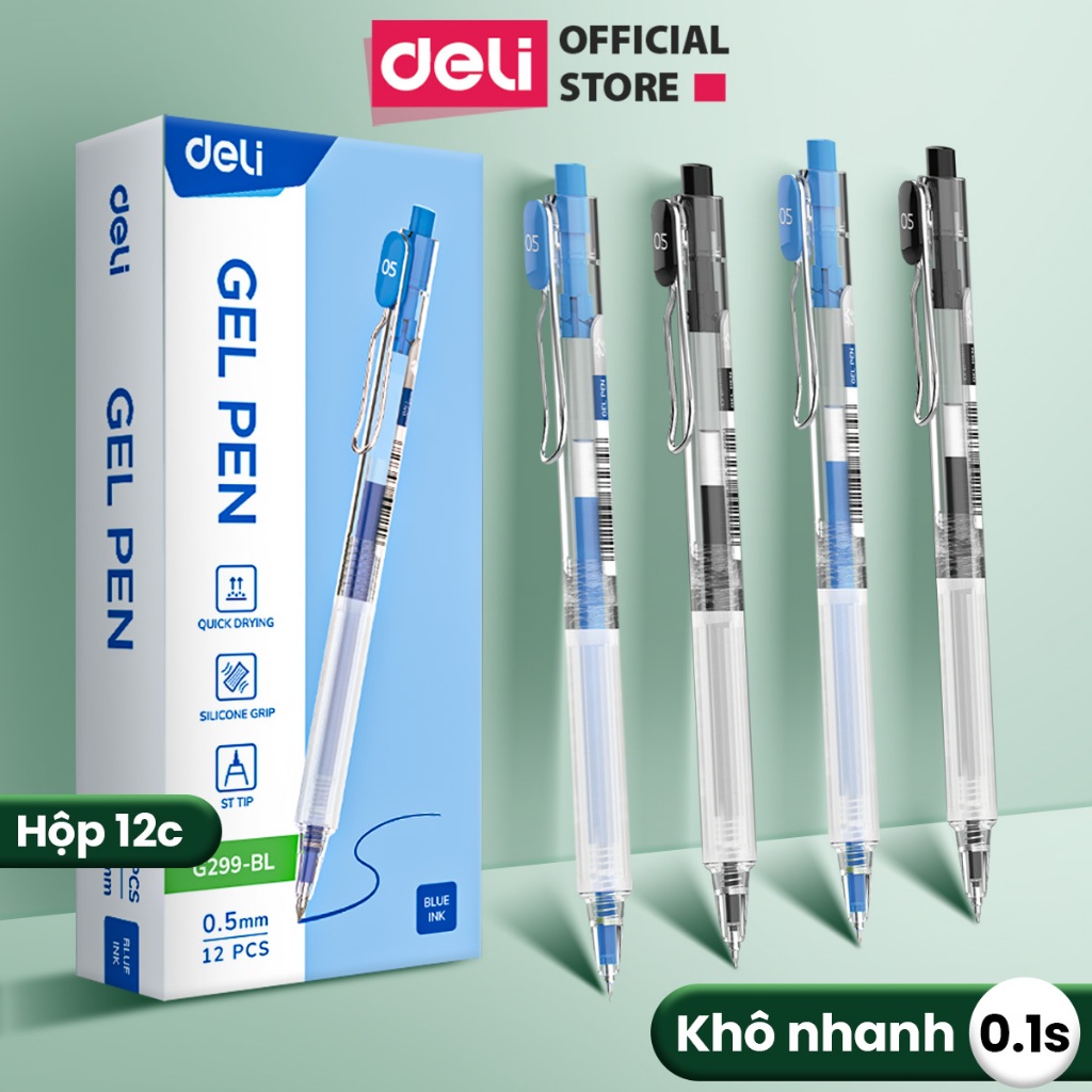 Hộp 12 Bút Gel Bấm Khô Nhanh 1s Deli EG299 Mực Xanh Đen Bút Bi Nước Mực Đều Viết Đẹp Ngòi ST 0.5mm H