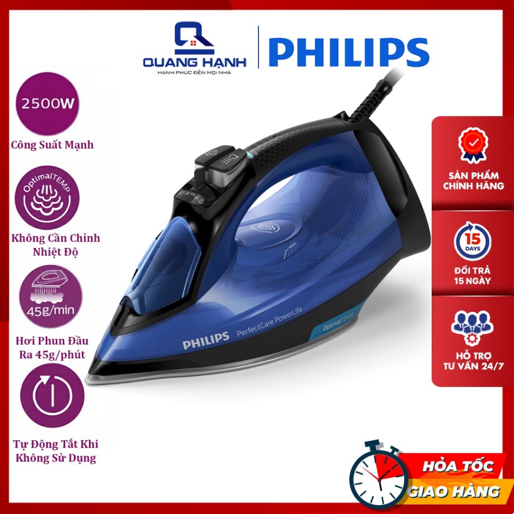 Bàn Ủi Hơi Nước Philips GC3920/20 – 2500W, Không Cần Chỉnh Nhiệt, Hơi Phun 45g/phút, Đế SteamGlide P