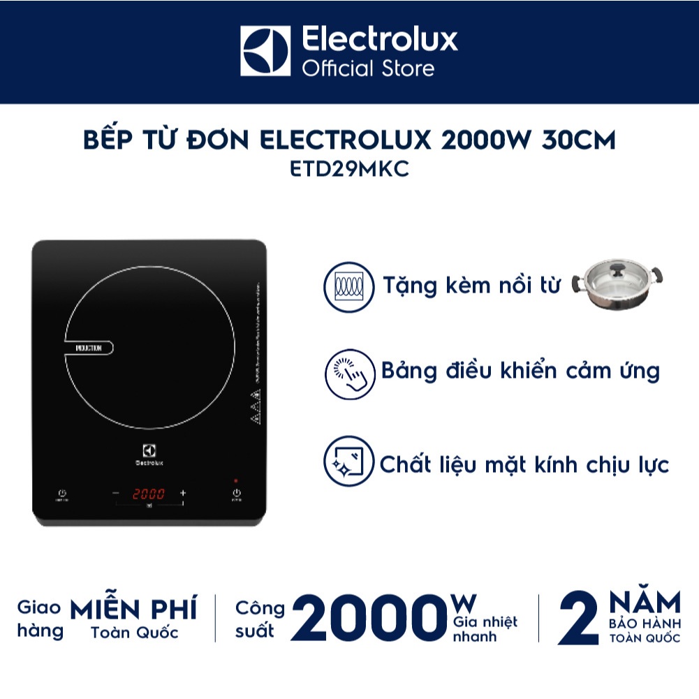 Bếp Từ Đơn Electrolux ETD29MKC - 2000W, Kính Chống Nhiệt, Màu Đen